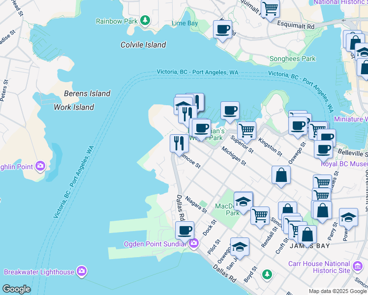 map of restaurants, bars, coffee shops, grocery stores, and more near 50 Dallas Road in Victoria