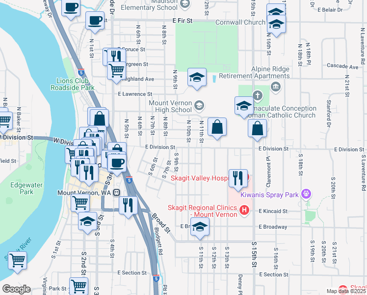 map of restaurants, bars, coffee shops, grocery stores, and more near 903 East Division Street in Mount Vernon