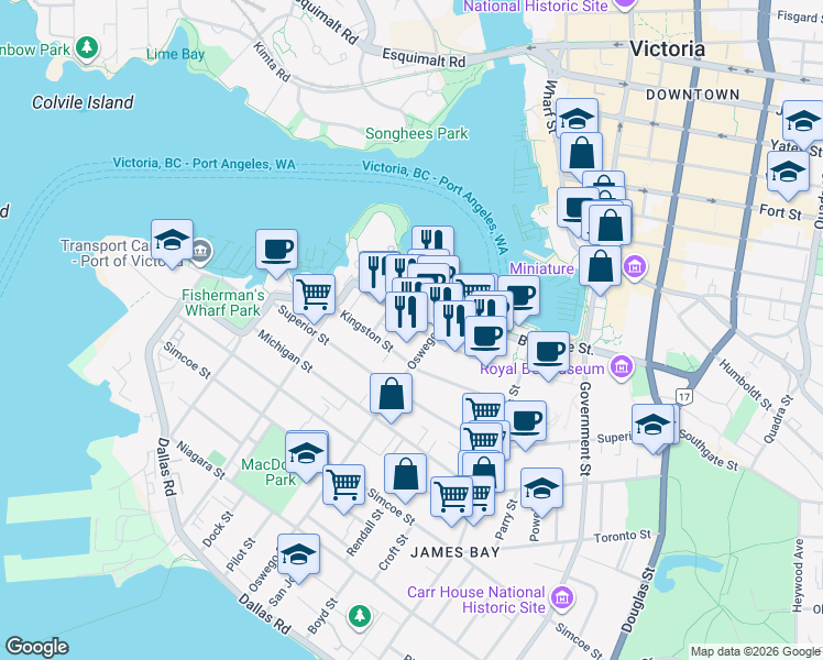 map of restaurants, bars, coffee shops, grocery stores, and more near 345 Quebec Street in Victoria