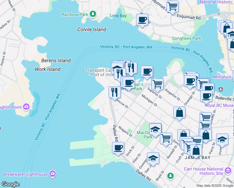map of restaurants, bars, coffee shops, grocery stores, and more near 50 Dallas Road in Victoria