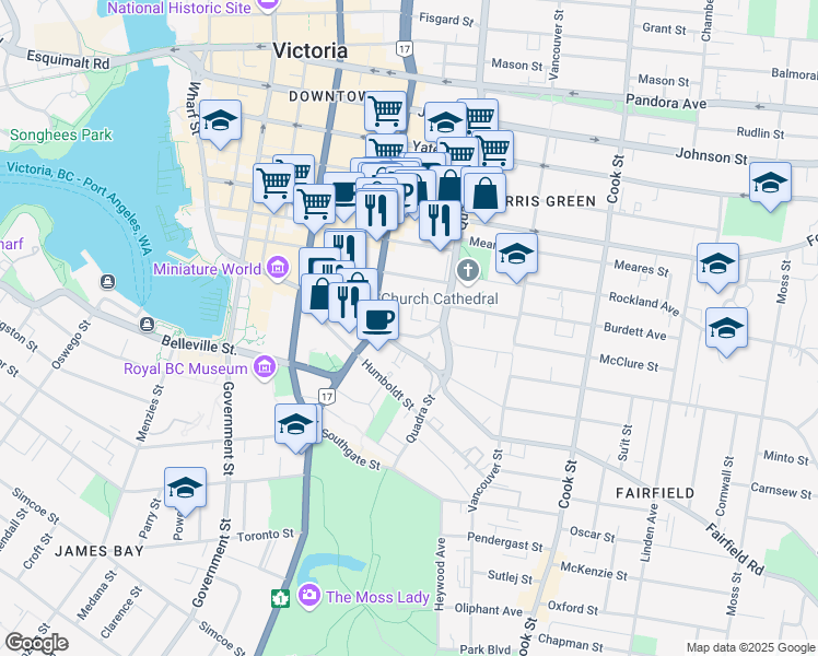 map of restaurants, bars, coffee shops, grocery stores, and more near in Victoria