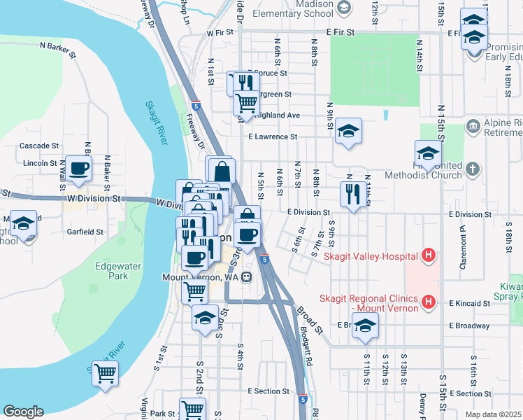 map of restaurants, bars, coffee shops, grocery stores, and more near in Mount Vernon