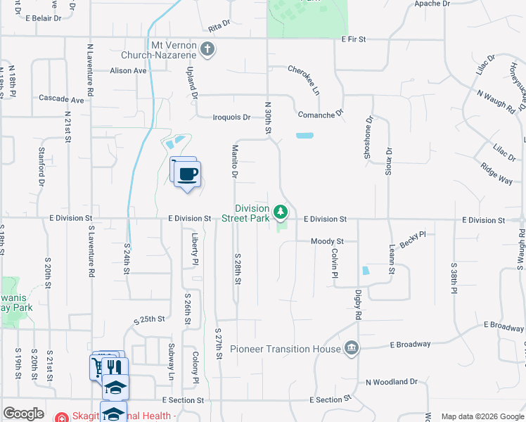 map of restaurants, bars, coffee shops, grocery stores, and more near 201 North 30th Street in Mount Vernon
