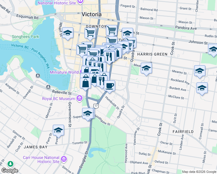 map of restaurants, bars, coffee shops, grocery stores, and more near 777b British Columbia 17 in Victoria