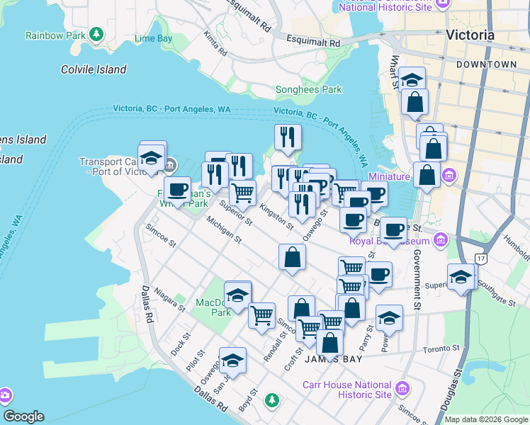 map of restaurants, bars, coffee shops, grocery stores, and more near 218 Kingston Street in Victoria