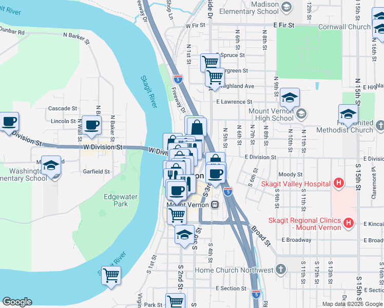 map of restaurants, bars, coffee shops, grocery stores, and more near 117 North 1st Street in Mount Vernon