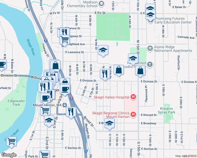 map of restaurants, bars, coffee shops, grocery stores, and more near 903 East Division Street in Mount Vernon