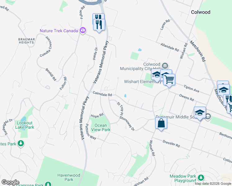map of restaurants, bars, coffee shops, grocery stores, and more near 616 Cairndale Road in Victoria