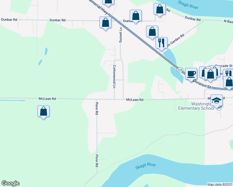map of restaurants, bars, coffee shops, grocery stores, and more near 15495 Cottonwood Lane in Mount Vernon