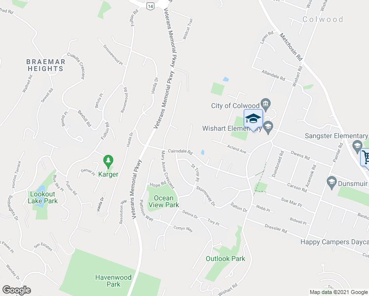 map of restaurants, bars, coffee shops, grocery stores, and more near 616 Cairndale Road in Victoria