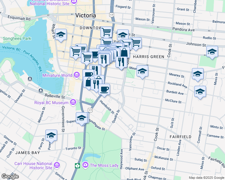 map of restaurants, bars, coffee shops, grocery stores, and more near 828 Rupert Terrace in Victoria