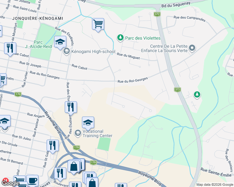 map of restaurants, bars, coffee shops, grocery stores, and more near 3412 Rue des Coquelicots in Saguenay