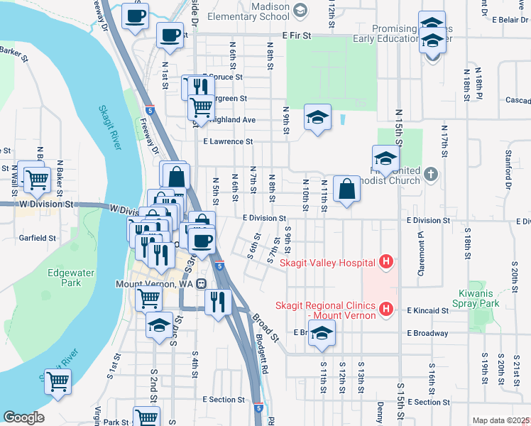 map of restaurants, bars, coffee shops, grocery stores, and more near 417 East Division Street in Mount Vernon