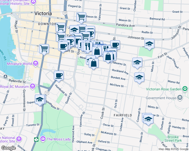 map of restaurants, bars, coffee shops, grocery stores, and more near 1011 Burdett Avenue in Victoria