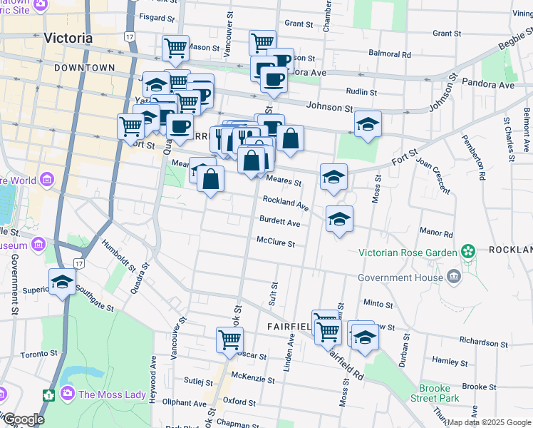 map of restaurants, bars, coffee shops, grocery stores, and more near in Victoria