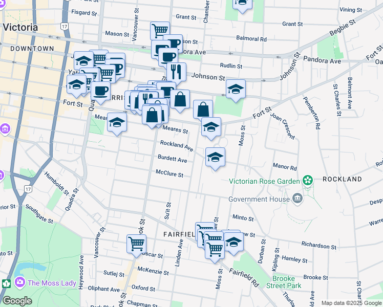 map of restaurants, bars, coffee shops, grocery stores, and more near 1171 Rockland Avenue in Victoria