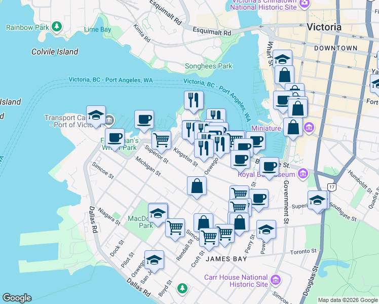 map of restaurants, bars, coffee shops, grocery stores, and more near 508 Pendray Street in Victoria