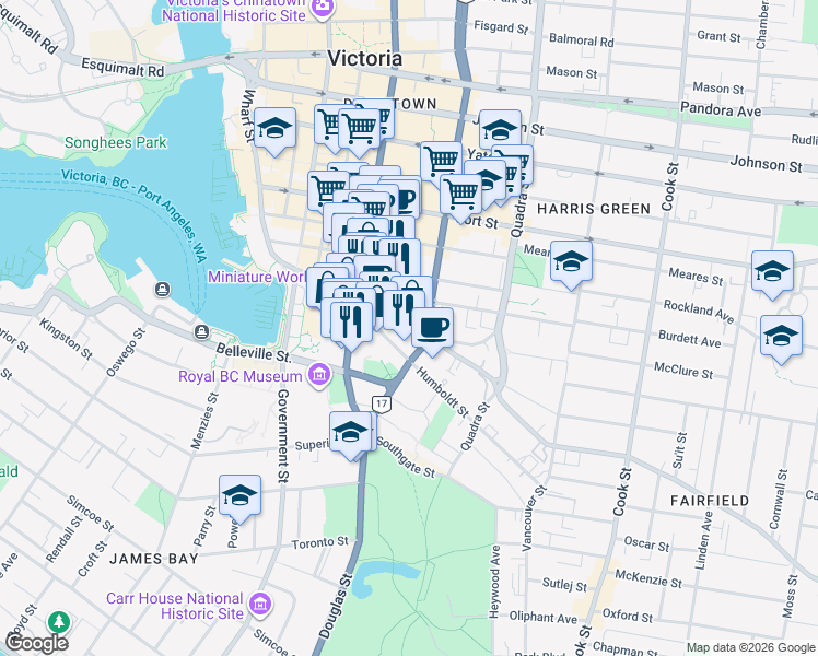 map of restaurants, bars, coffee shops, grocery stores, and more near in Victoria