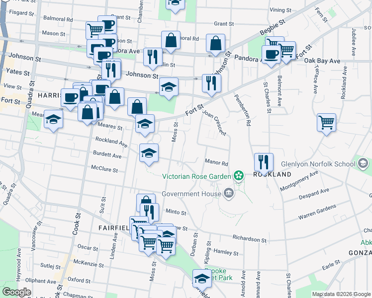 map of restaurants, bars, coffee shops, grocery stores, and more near 1015 Gillespie Place in Victoria