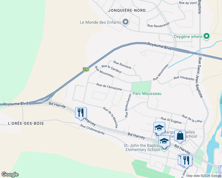 map of restaurants, bars, coffee shops, grocery stores, and more near 4163 Rue de l'Amazone in Saguenay