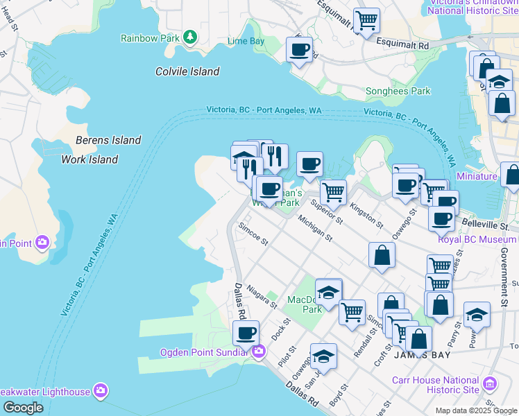 map of restaurants, bars, coffee shops, grocery stores, and more near 112 Ontario Street in Victoria