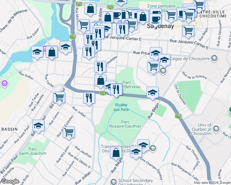 map of restaurants, bars, coffee shops, grocery stores, and more near 583 Rue Morin in Saguenay