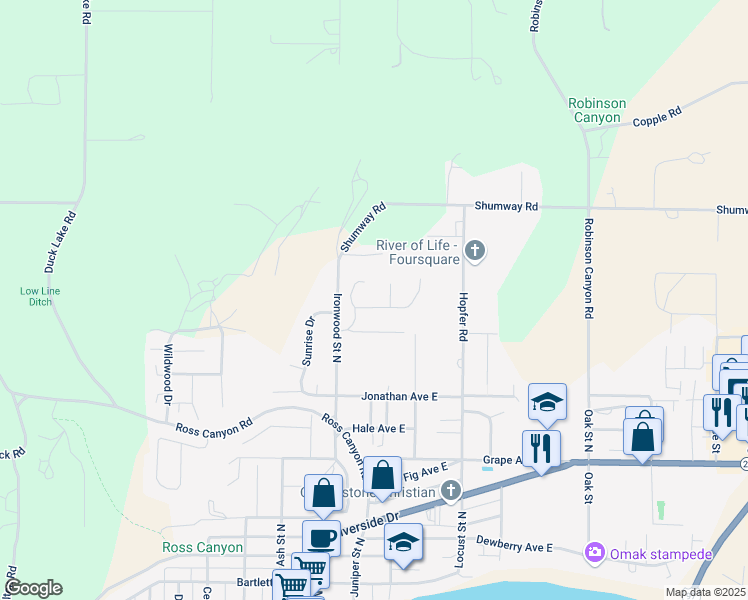 map of restaurants, bars, coffee shops, grocery stores, and more near 109 Lime Avenue in Omak
