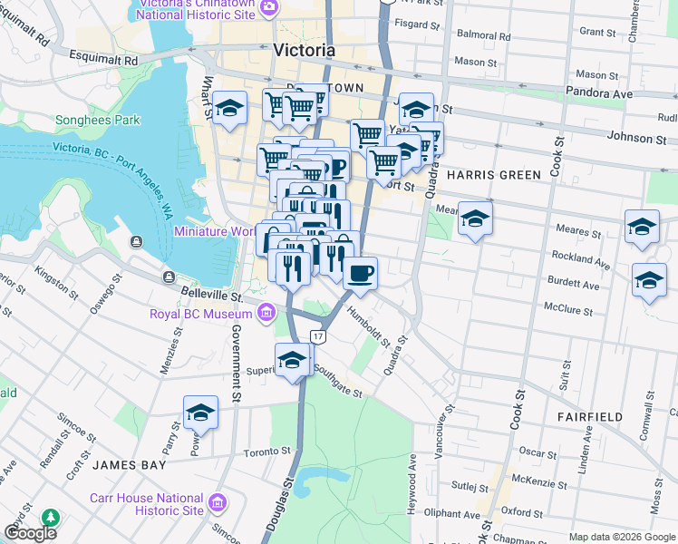 map of restaurants, bars, coffee shops, grocery stores, and more near in Victoria