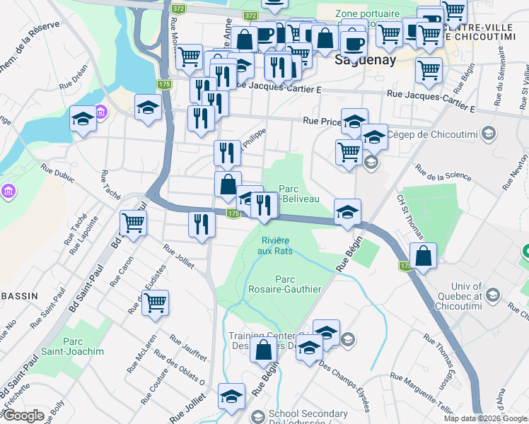 map of restaurants, bars, coffee shops, grocery stores, and more near 583 Rue Morin in Saguenay