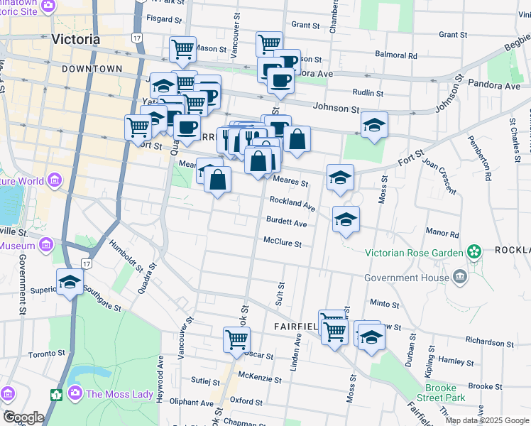 map of restaurants, bars, coffee shops, grocery stores, and more near 915 Cook Street in Victoria