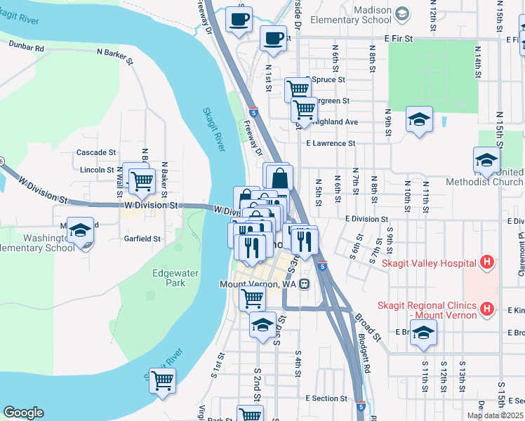 map of restaurants, bars, coffee shops, grocery stores, and more near 117 North 1st Street in Mount Vernon