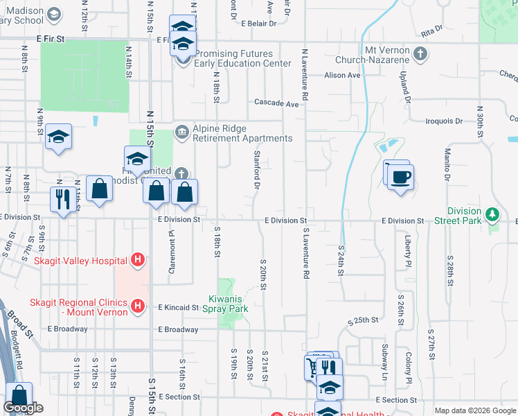 map of restaurants, bars, coffee shops, grocery stores, and more near 120 Stanford Drive in Mount Vernon