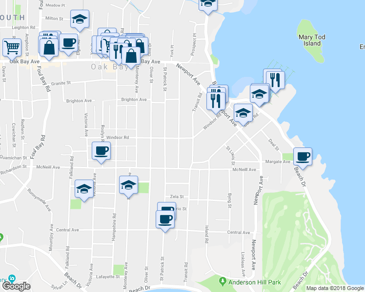 map of restaurants, bars, coffee shops, grocery stores, and more near 1067 Saint David Street in Victoria