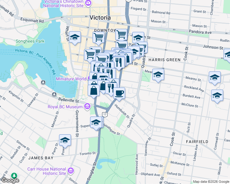 map of restaurants, bars, coffee shops, grocery stores, and more near 777b British Columbia 17 in Victoria