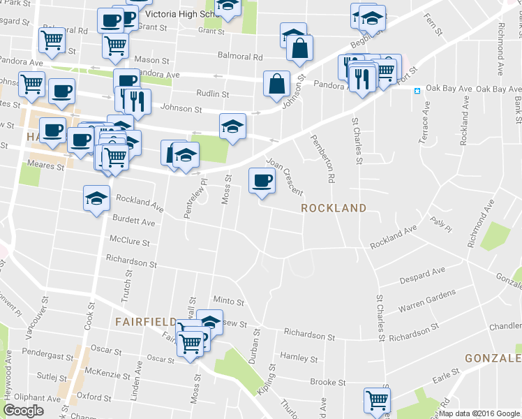 map of restaurants, bars, coffee shops, grocery stores, and more near 1353 Craigdarroch Road in Victoria