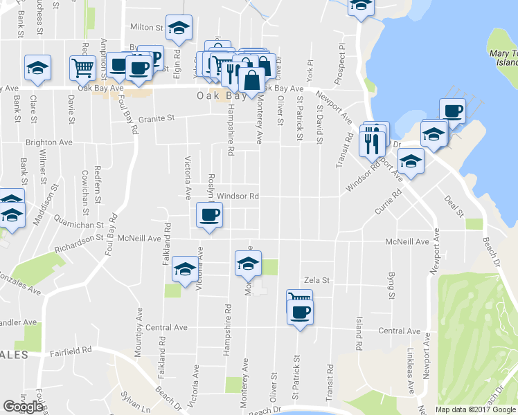 map of restaurants, bars, coffee shops, grocery stores, and more near 1058 Monterey Avenue in Victoria