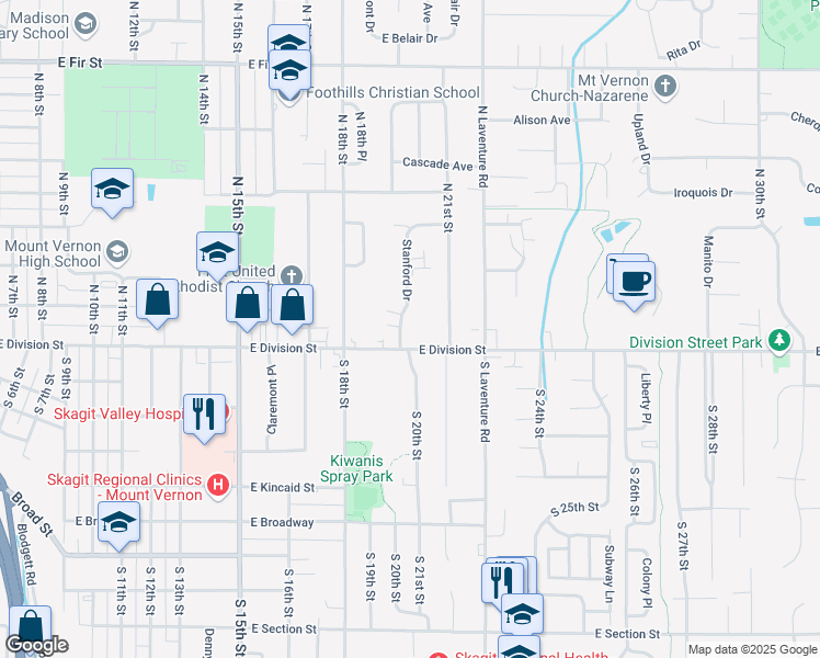 map of restaurants, bars, coffee shops, grocery stores, and more near 120 Stanford Drive in Mount Vernon