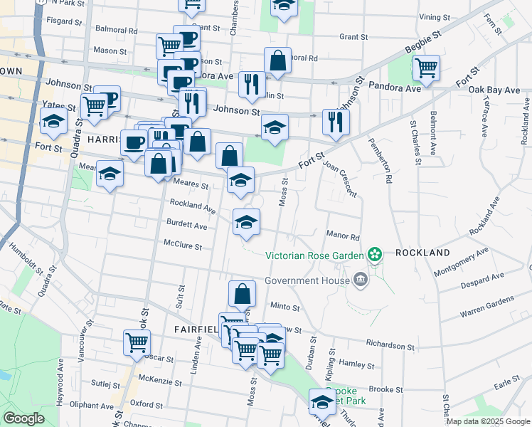 map of restaurants, bars, coffee shops, grocery stores, and more near 1033 Pentrelew Place in Victoria