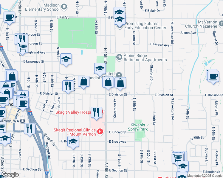 map of restaurants, bars, coffee shops, grocery stores, and more near 1519 East Division Street in Mount Vernon
