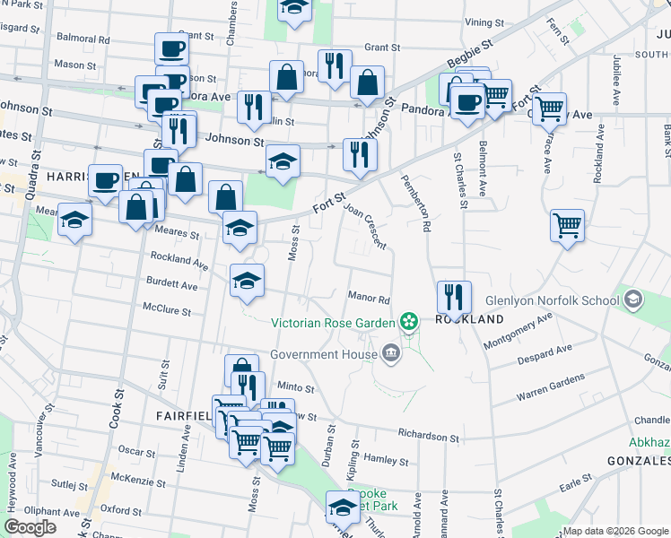map of restaurants, bars, coffee shops, grocery stores, and more near 1353 Craigdarroch Road in Victoria