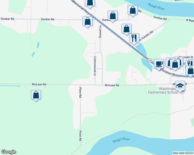map of restaurants, bars, coffee shops, grocery stores, and more near 15495 Cottonwood Lane in Mount Vernon