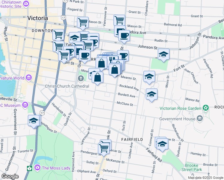 map of restaurants, bars, coffee shops, grocery stores, and more near 1044 Burdett Avenue in Victoria