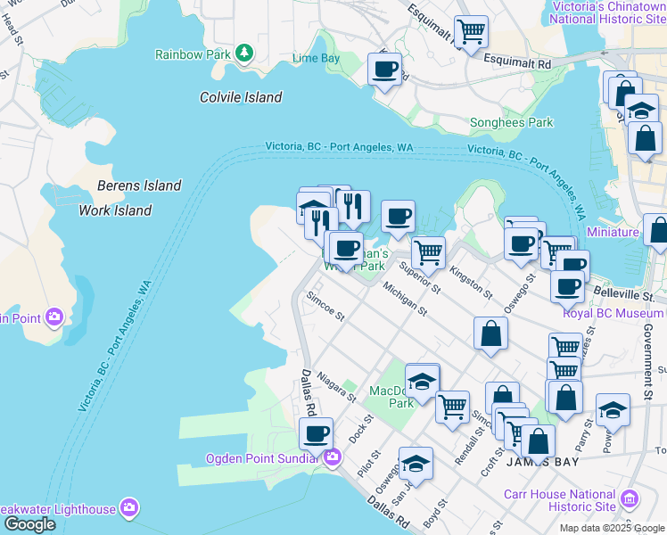 map of restaurants, bars, coffee shops, grocery stores, and more near 112 Ontario Street in Victoria