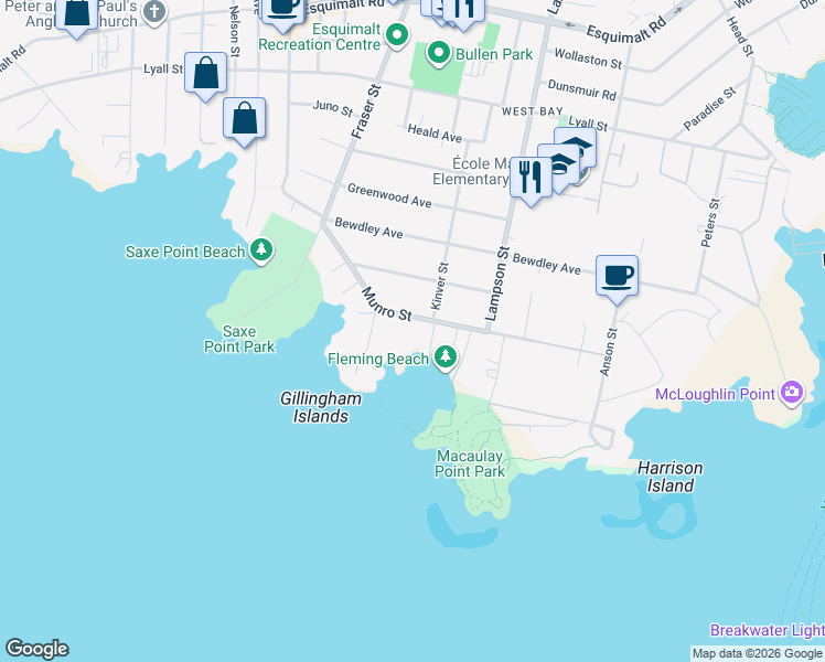 map of restaurants, bars, coffee shops, grocery stores, and more near 1149 Munro Street in Victoria