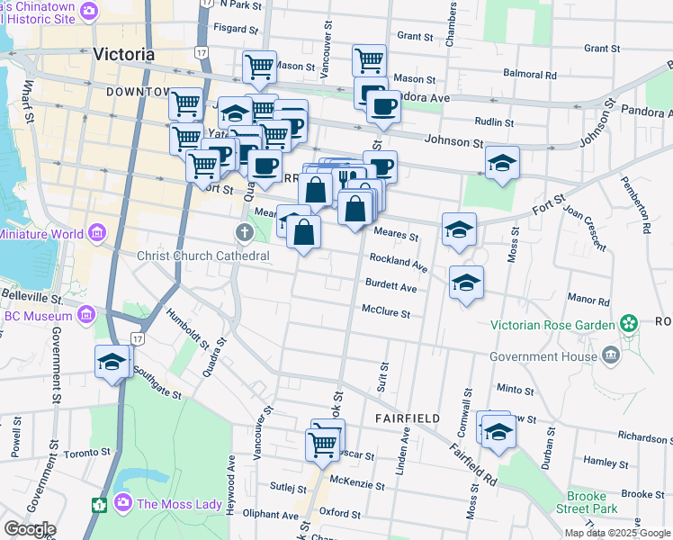 map of restaurants, bars, coffee shops, grocery stores, and more near 1044 Burdett Avenue in Victoria