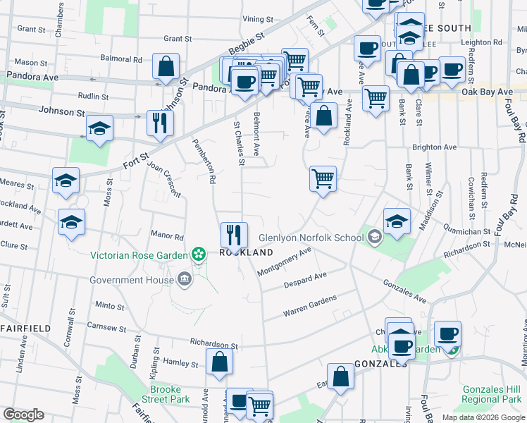 map of restaurants, bars, coffee shops, grocery stores, and more near 1524 Bywood Place in Victoria