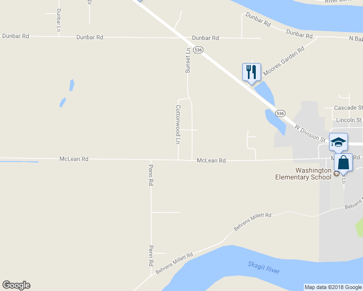 map of restaurants, bars, coffee shops, grocery stores, and more near 15475 Cottonwood Lane in Mount Vernon