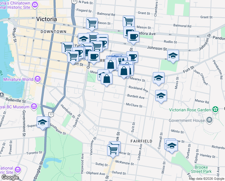map of restaurants, bars, coffee shops, grocery stores, and more near 1020 Burdett Avenue in Victoria