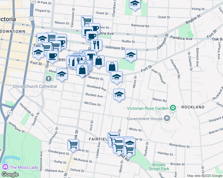 map of restaurants, bars, coffee shops, grocery stores, and more near 1171 Rockland Avenue in Victoria