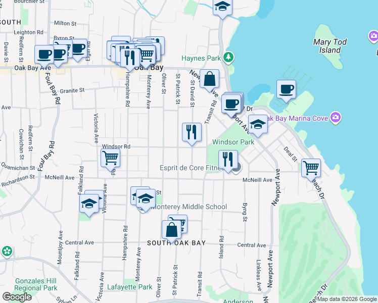 map of restaurants, bars, coffee shops, grocery stores, and more near 1067 Saint David Street in Victoria